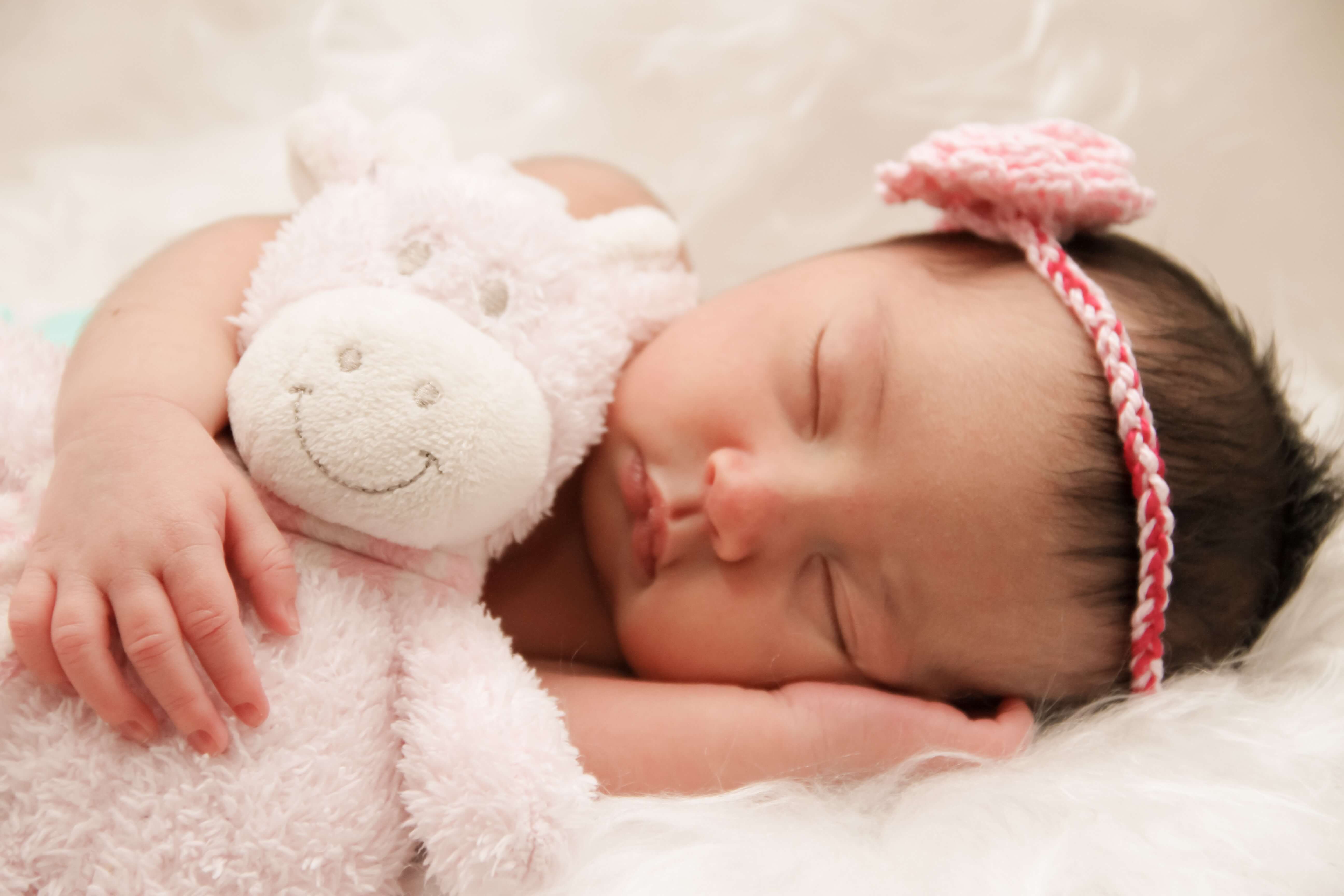 Sleeping baby cuddling a stuffed animal